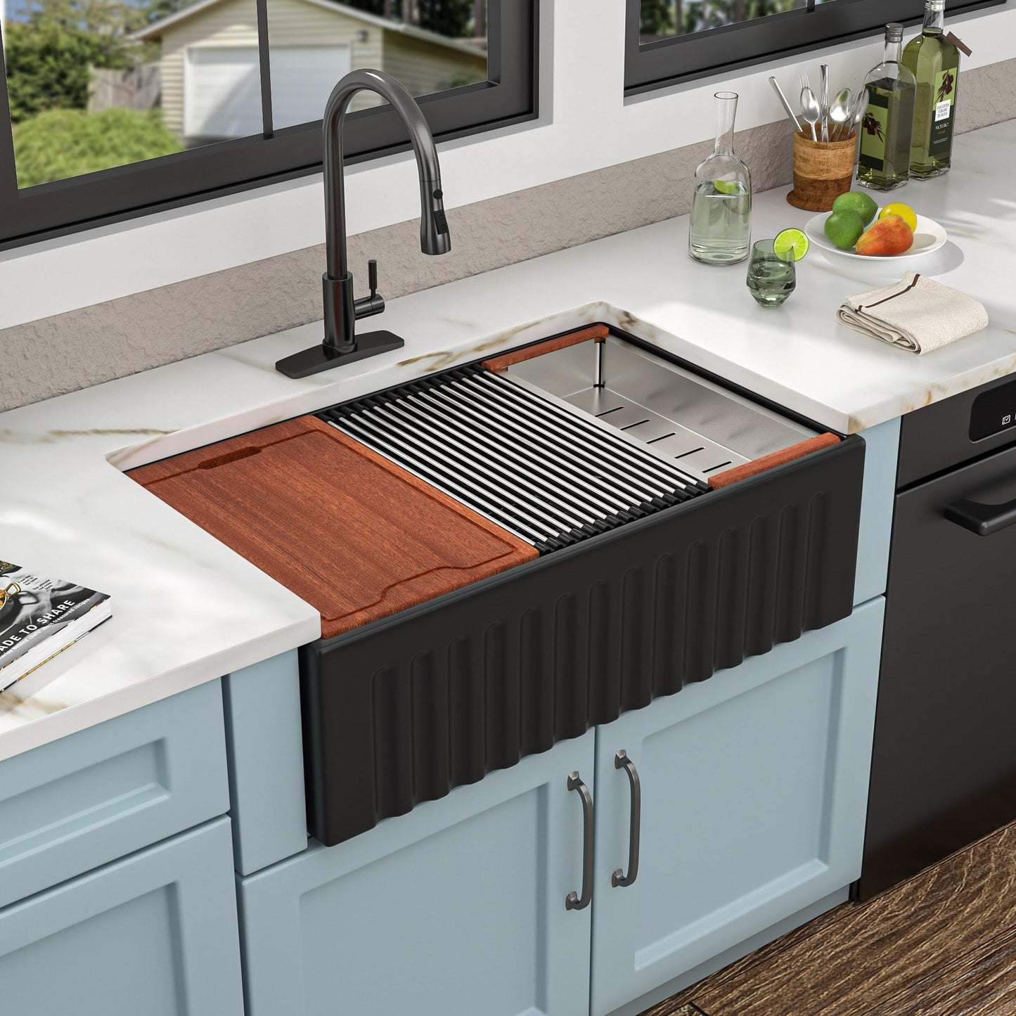 Fulorni 33"x20" Black Farmhouse Sink Workstation – Reversible Apron Front with Ledge, Matte Black Porcelain Ceramic Fireclay Single Bowl Farm Kitchen Sink Basin