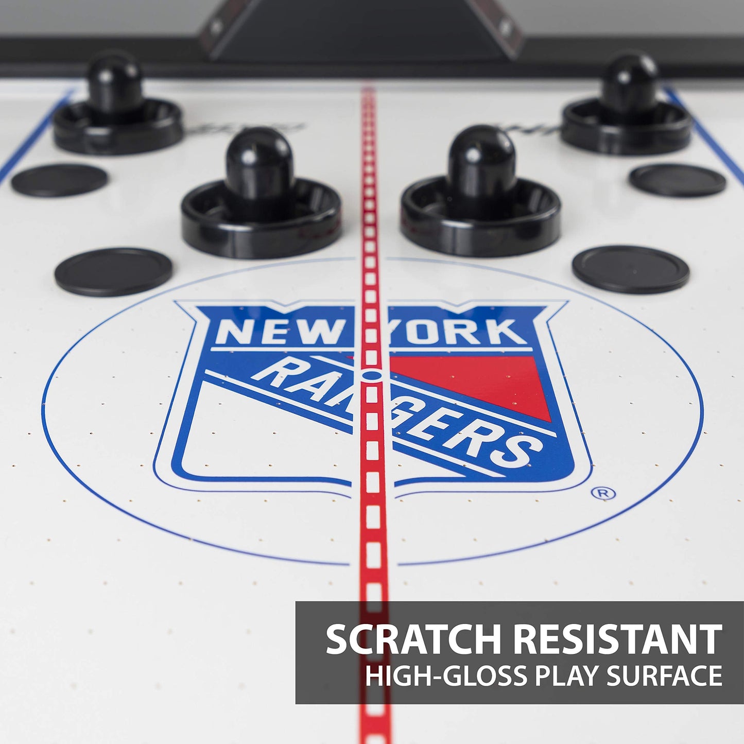 NHL Air Powered Hockey Table - New York Rangers - 84 Inch - Features Scratch Resistant Material, Automatic Scoring, and Built-In Accessory Storage