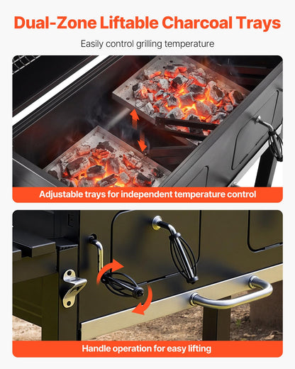 VEVOR Charcoal Grill, 780 sq.in. Extra-Large Charcoal Barbecue Grill with 2 Liftable Charcoal Trays & Folding Side Tables, High-Temp Powder-Coated Steel BBQ Cooking Grills for Patio Backyard Parties