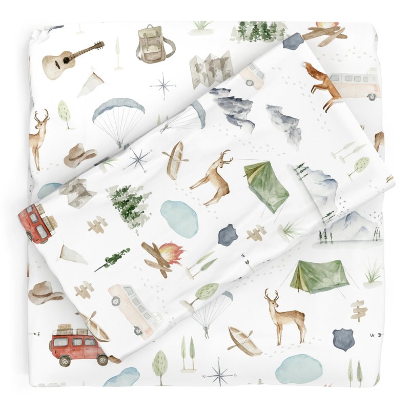 Pobibaby Premium Twin Full Sheets Sets, Kids Double Bed Sheets in Cotton Blend | Ultra-Soft Woodland Camping Print with Fitted Sheet, Flat Sheet & Pillowcases (Twin Explore)