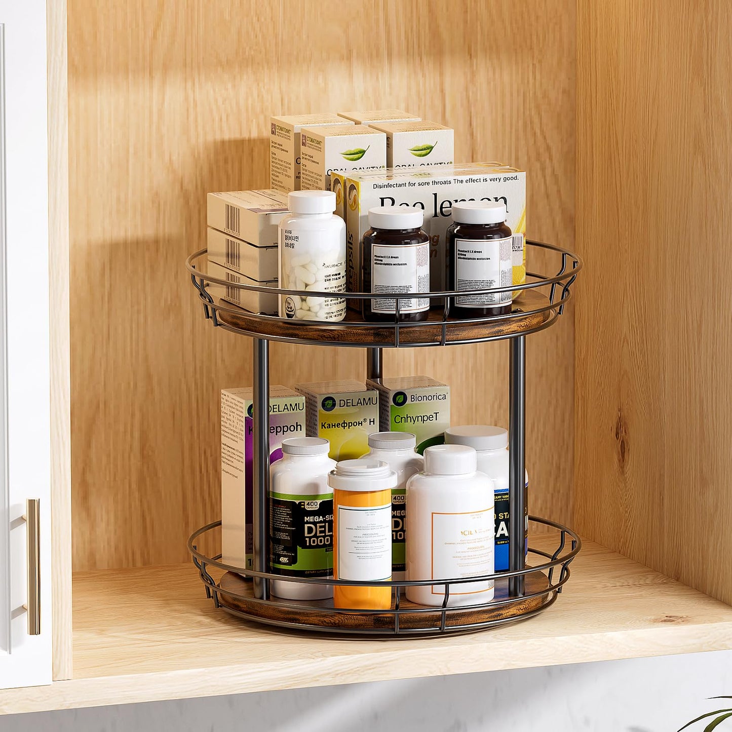 LAMU 10'' Lazy Susan Turntable Organizer, 2 Tier Round Rotating Spice Rack Organization for Kitchen Cabinet and Countertop, Wooden Lazy Susan for Table Top, Pantry, Bathroom, Vanity, Home Decor