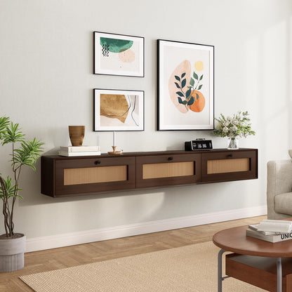 FurniNova 78'' Floating TV Stand with Rattan Doors, Wall Mount TV Console Cabinet, Fully Assembled Floating Entertainment Center, Matte Finish, Plywood Media Cabinet for Living Room