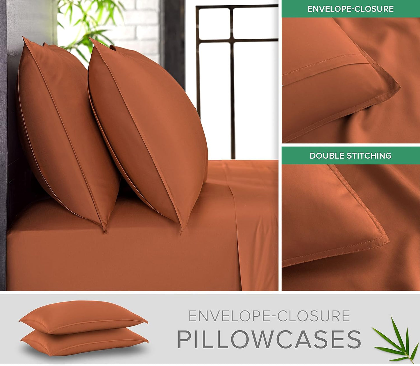 Pure Bamboo Queen Sheets - Luxuriously Soft & Cooling 100% Organic Viscose Bed Sheet Set | Terracotta, Double Stitching
