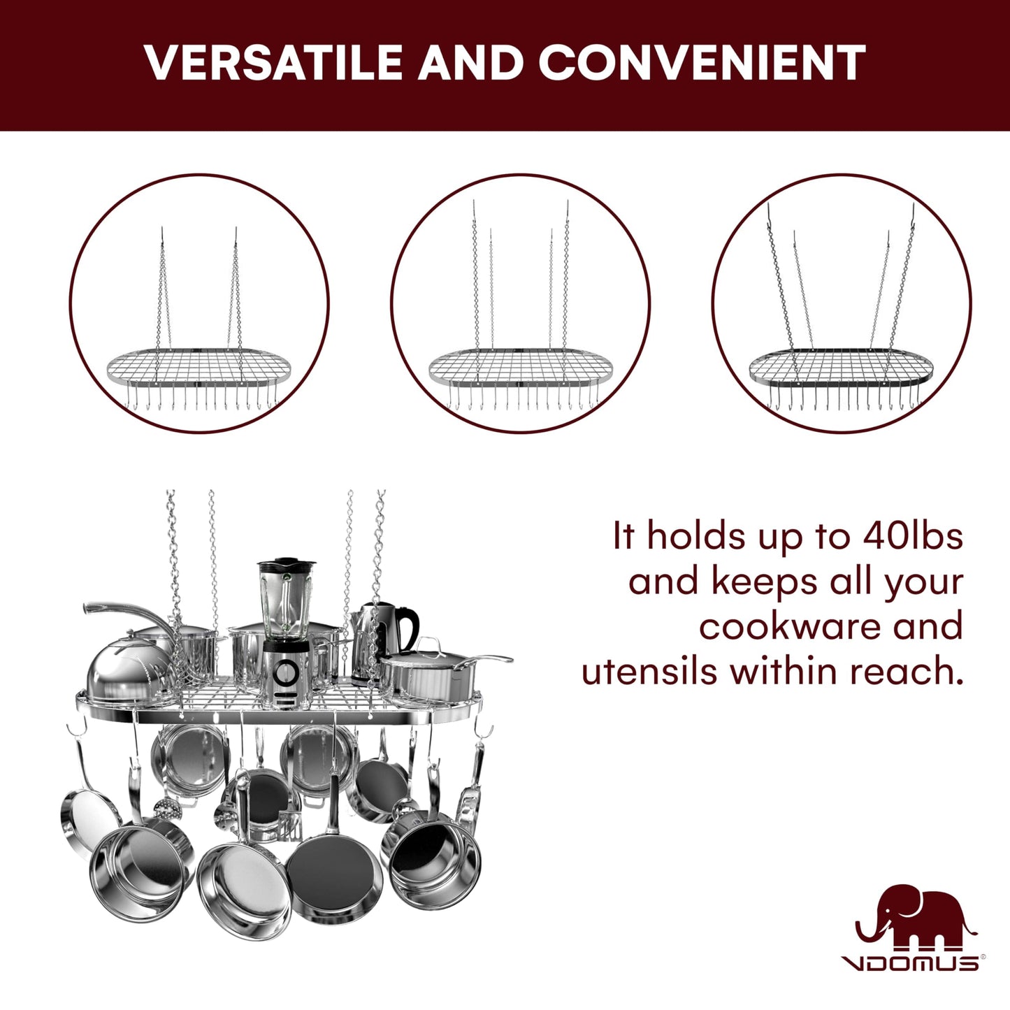 Vdomus Hanging Pot Rack - Ceiling Mount Kitchen Organizer for Pots and Pans with 15 Hooks - 33 x 17 Inches Heavy-Duty, Durable and Space-Saving Pan Holder - Silver