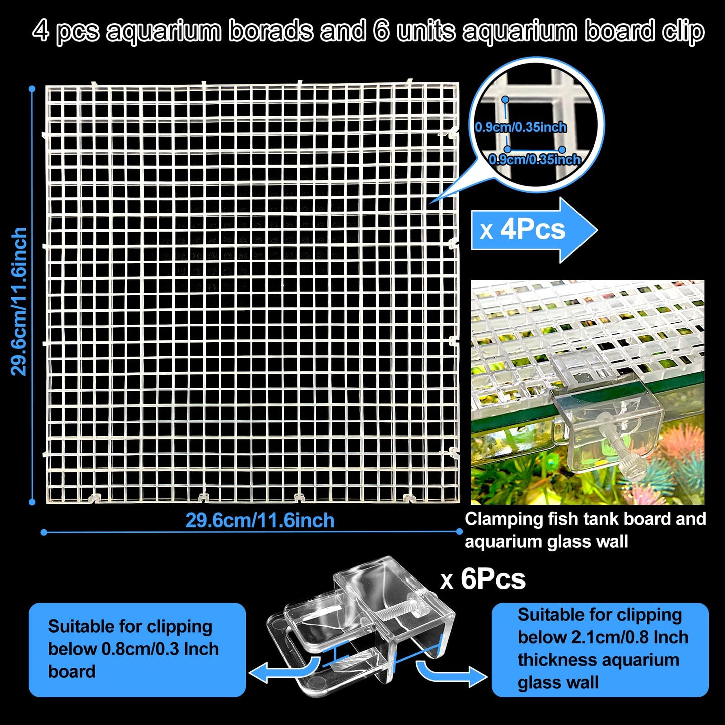 Weramics 4 Aquarium lid Hood Fish Tank top Cover Terrarium lid Plastic Grid Panel Egg Crate Grate 6 Aquarium Glass Cover Board Clip