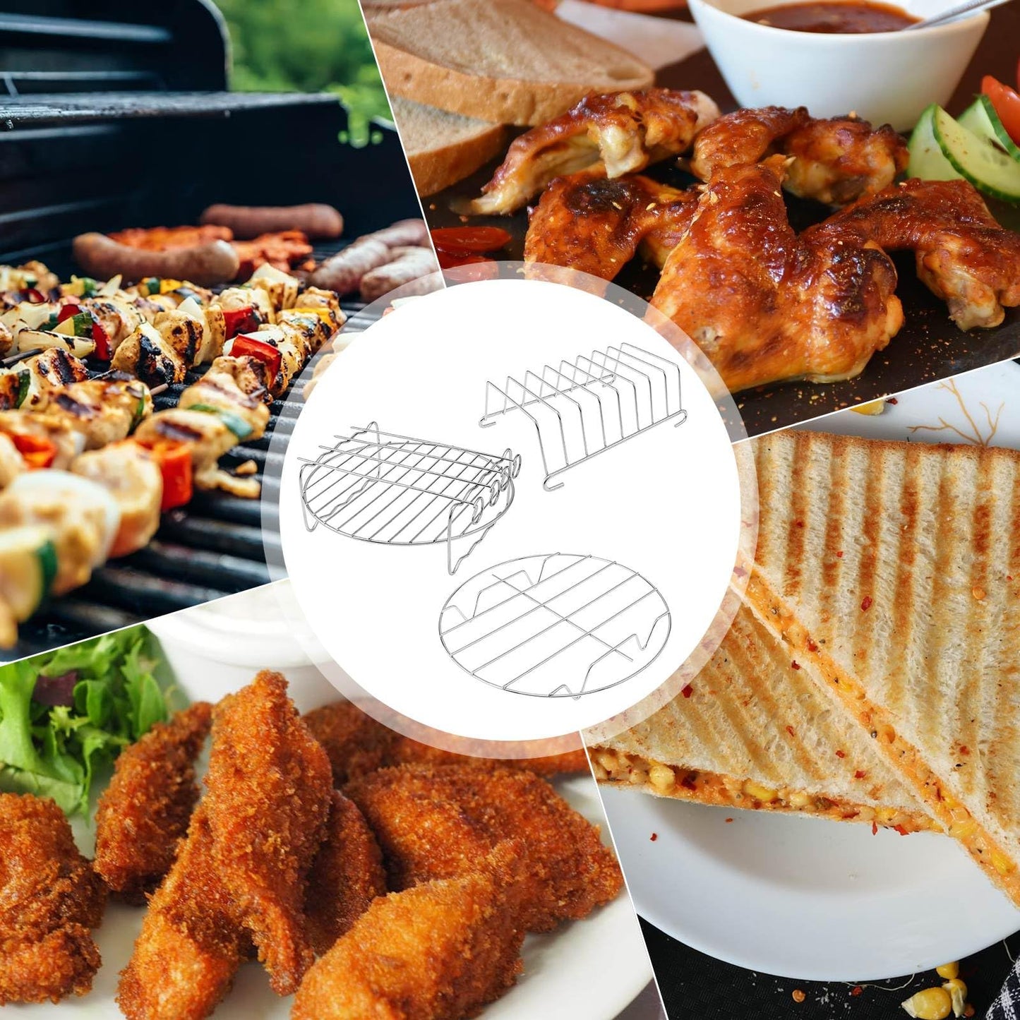 Air Fryer Racks Set 3Pcs, Stainless Steel Layer Racks Air Fryer Accessories, Multipurpose Double Layer Racks with Skewer Round Cooking Rack Toast Racks, Fits Most 2.5QT or Above Air Fryer
