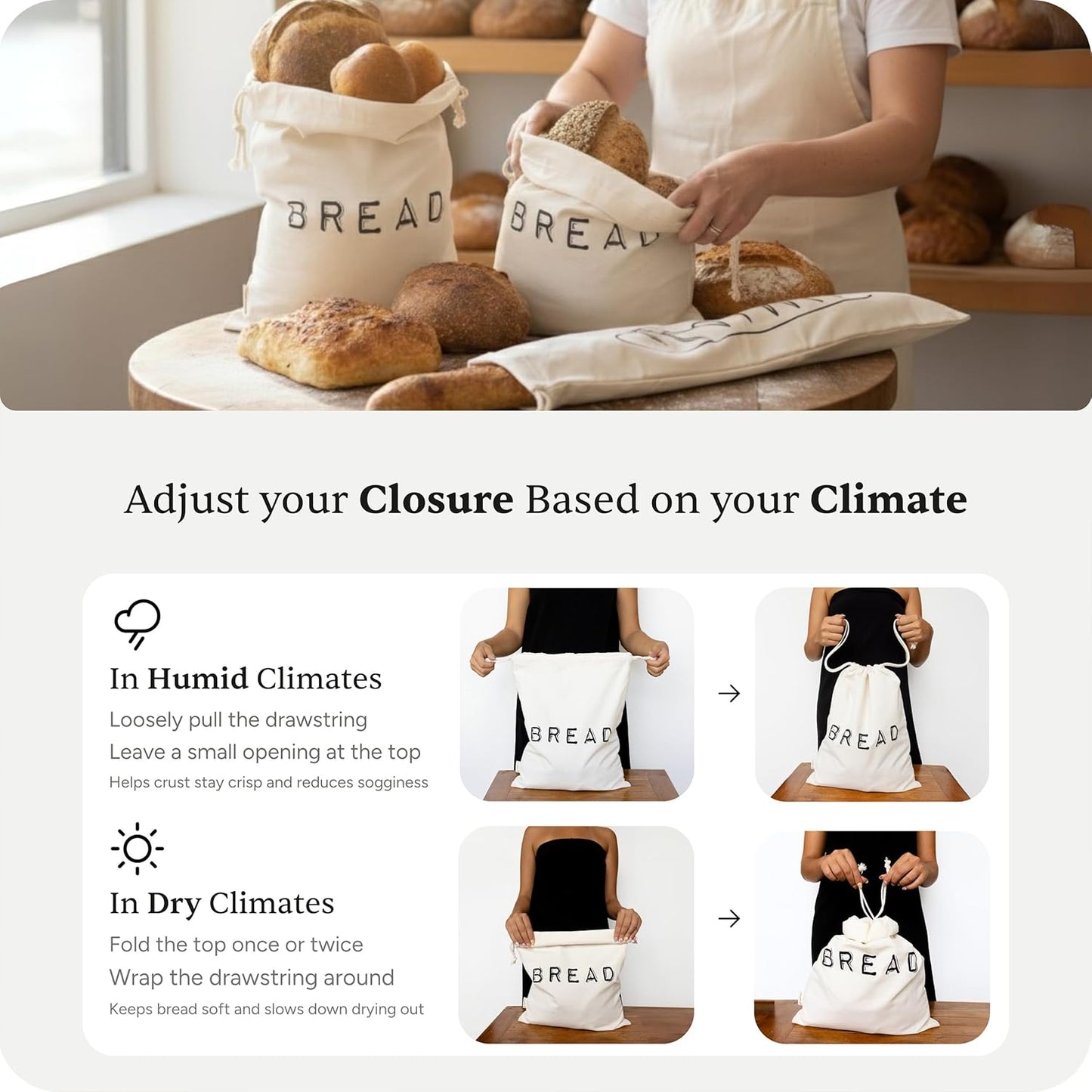 2 1 Leafico Reusable Bread Bags Cotton Storage Bags + Baguette Bag with Food Safe TPU Liner For Homemade Bread
