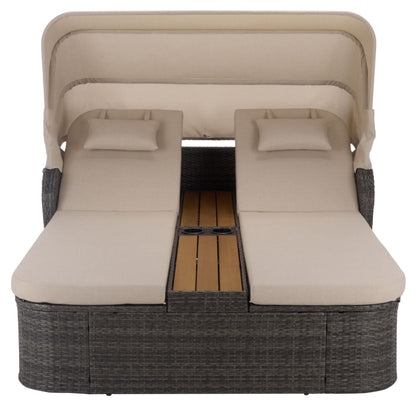 SAFAVIEH Outdoor - Victoria Grey Brown & Taupe Double Daybed, Rattan Canopy Lounger with Reversible Cushions, Cup Holders, Patio Furniture for Deck, Backyard, Poolside (PAT7759A)