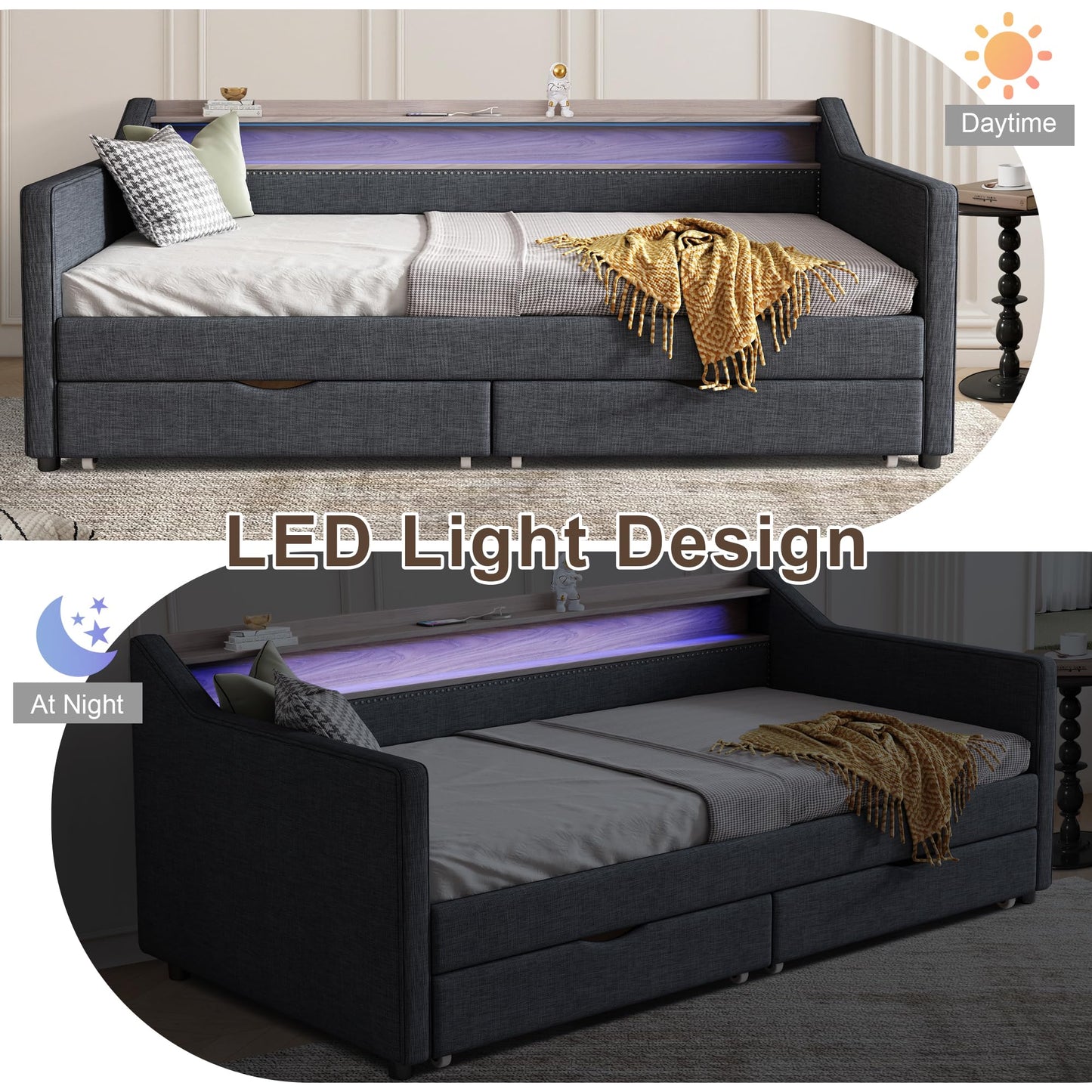 Ball & Cast Twin Size Daybed with Storage,Linen Upholstered Day Bed with 2 Drawers, Daybed Frame with USB Port and Smart LED Light,Wood Slat Support,No Box Spring Needed,Dark Grey