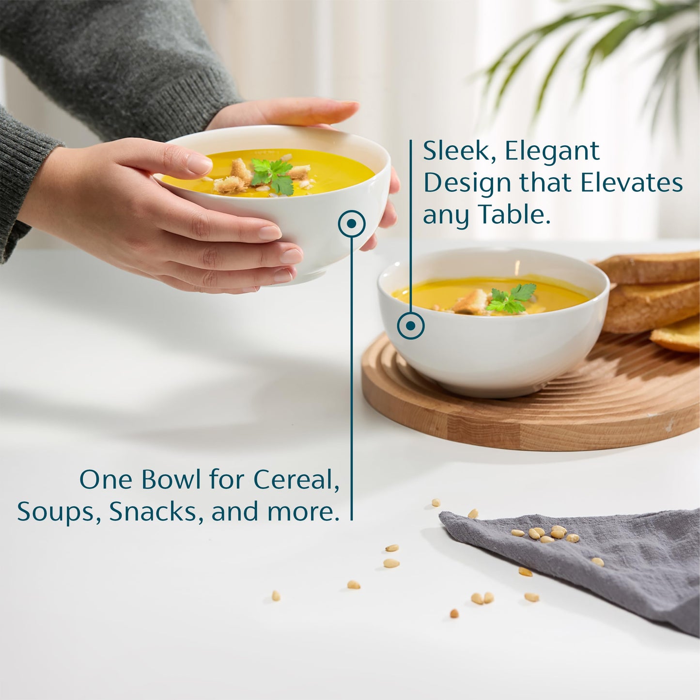 KooK Ceramic Cereal Bowls, Microwave, Dishwasher and Freezer Safe, Porcelain Dishes for Soup, Pasta, Salad, Oatmeal, Deep Interior, 24 oz, Set of 6, Marshmallow White