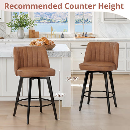 LUE BONA 360° Swivel Leather Bar Stools Set of 3, 26" Counter Height Barstools with Backs and Metal Legs, Modern Upholstered Bar Chairs for Kitchen Island, Brown