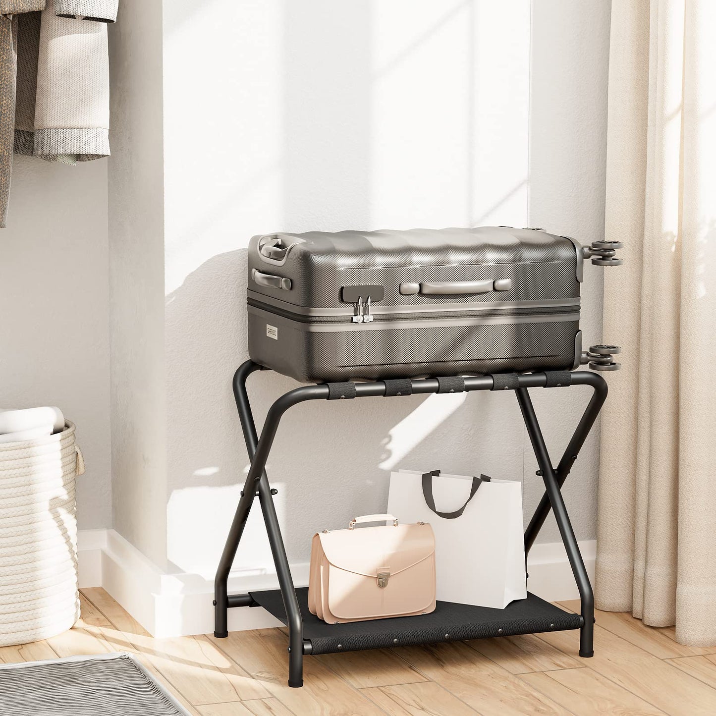 HOOBRO Luggage Rack, Folding Suitcase Stand with Fabric Storage Shelf for Guest Room, Bedroom, Hotel, Holds up to 100 lb, 27 x 15.3 x 22 Inches, Space Saving, Black BK04XL01