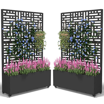 FOLAWO Metal Planter Box with Trellis,70.9"x47.2"x15.7" Raised Garden Bed with Drainage Holes, Privacy Planters for Outdoor Garden Bed for Climbing Plants,Vegetables,and Vines,2PCS,Black-Modular