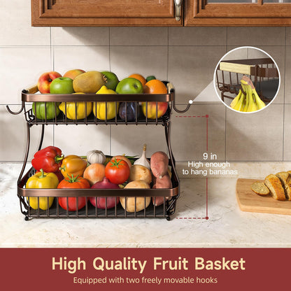 Sevenblue 2 Tier Large Fruit Basket for Kitchen Counter with 2 Mobile Banana Hangers, 2026 Pro Detachable Metal Fruit Bowl with Wooden Handle (Brown, 2 Tier Extra Large)
