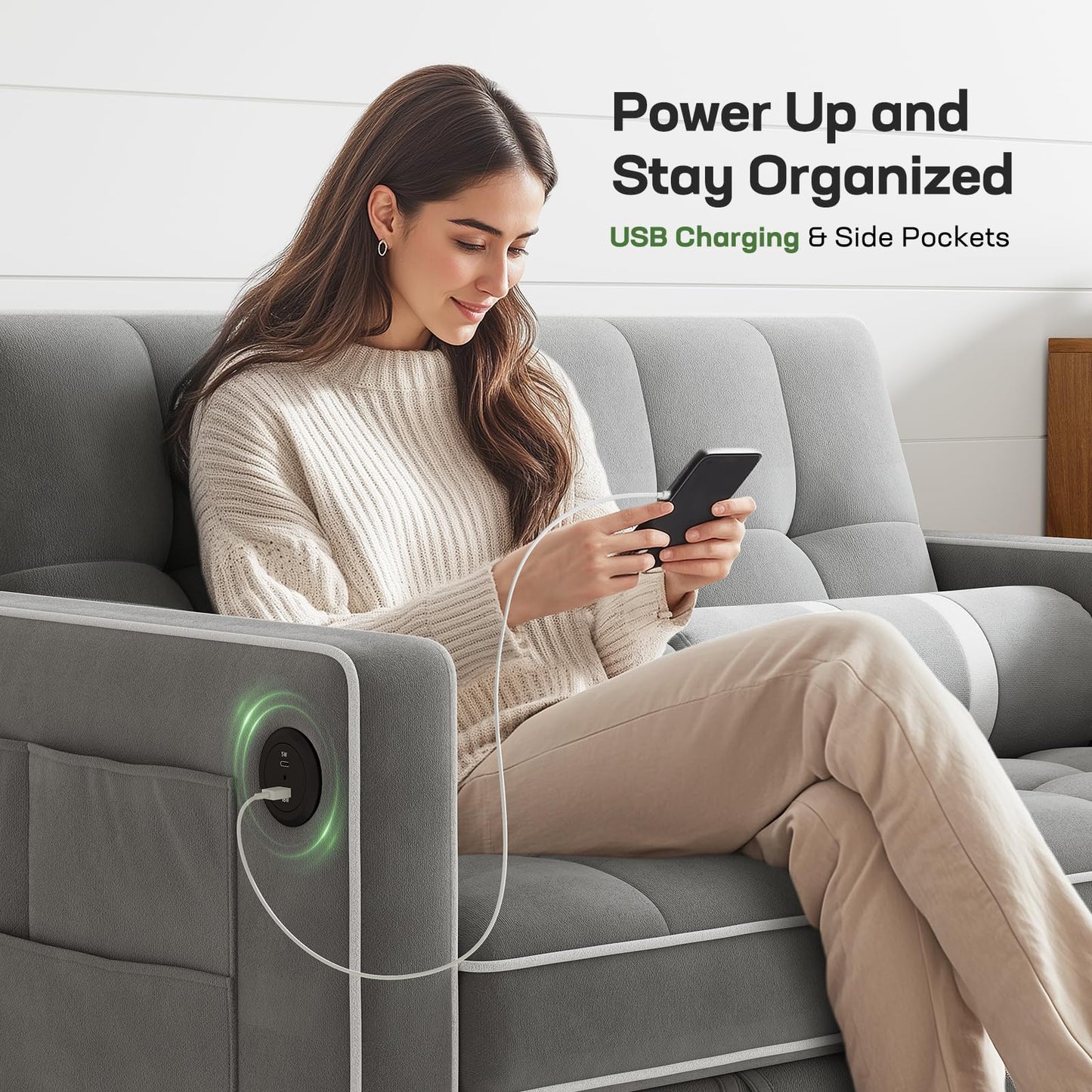 Marsail 3-in-1 Convertible Futon Sleeper Sofa Bed, Pull Out Couch with Adjustable Backrest, USB Charging & Side Pockets, Velvet Fabric Sofa for Living Room, Apartment, Loveseat, Grey