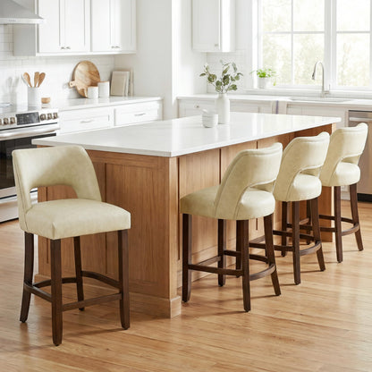 VKNOW 26" Bar Stools Set of 4, Faux Leather Counter Height Bar Stools with Backrest and Rubberwood Legs, Upholstered Barstools for Kitchen Island, Bar and Dining Room, Beige