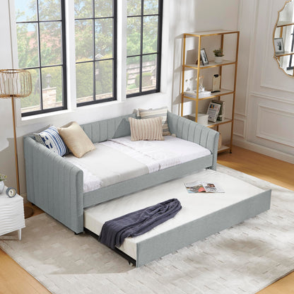 KEIKI Twin Size Upholstery Daybed with Erectable Trundle and Vertical Stripes, Twin to King Design Extendable Linen Sofa Bed, Easy Assembly, No Box Spring Required, for Living Room and Bedroom, Grey