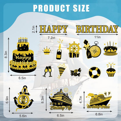 JarThenaAMCS Birthday Cruise Door Magnets Decoration Black Gold Happy Birthday Cruise Ship Magnetic Stickers for Cabin Ship Car Refrigerator Carnival Party Supplies, 16Pcs