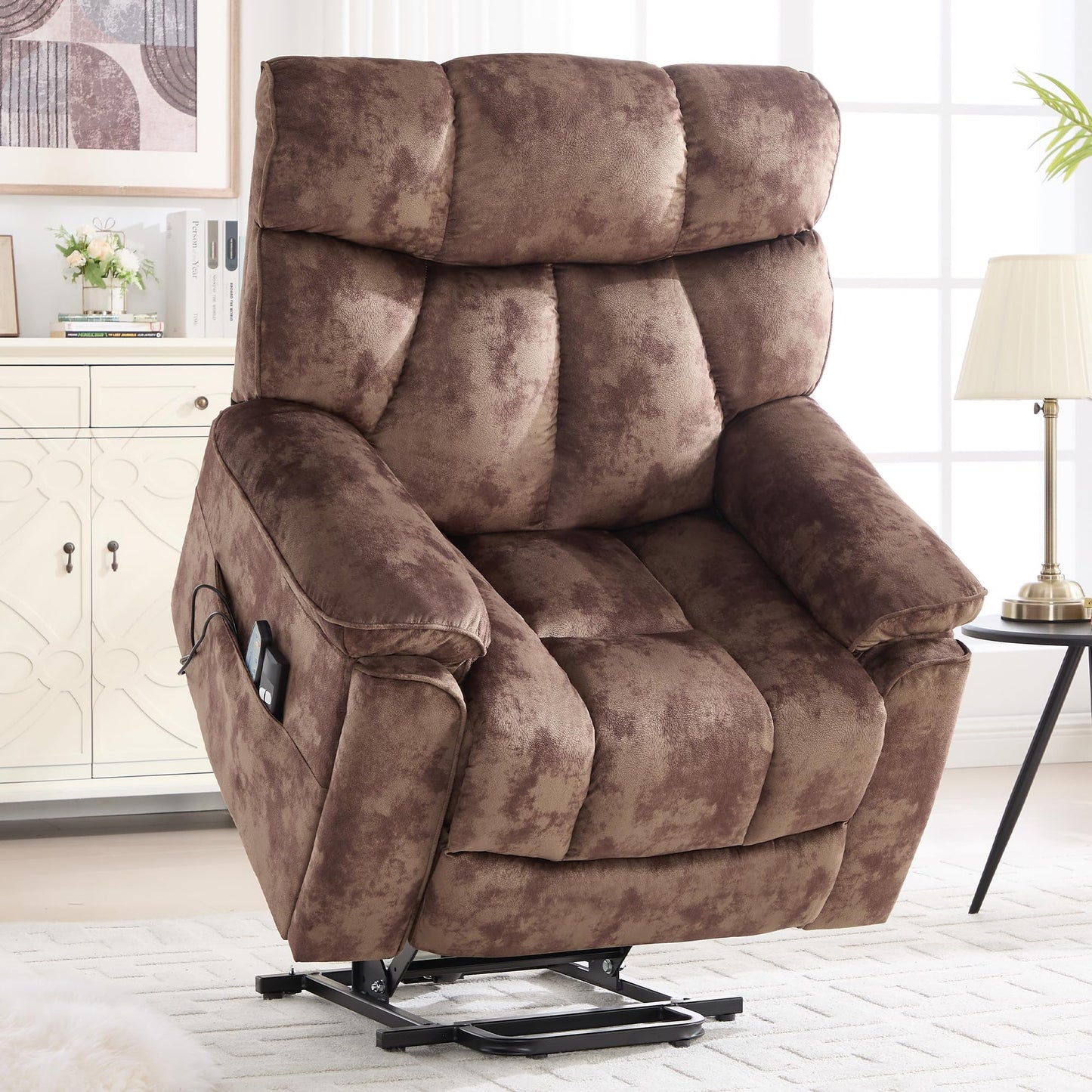 CANMOV Power Lift Recliner Chair for Elderly with Vibration Massage and Lumbar Heating, Overstuffed Electric Lift Chair with Side Pocket and 2 Cup Holders for Living Room, Brown