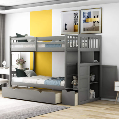 Merax Twin Over Full/Twin Bunk Bed with Stairs & Storage, 3-in-1 Convertible Bottom Bed with Storage Shelves and Drawers, Bunk Bed with Guardrails for Bedroom, Gray