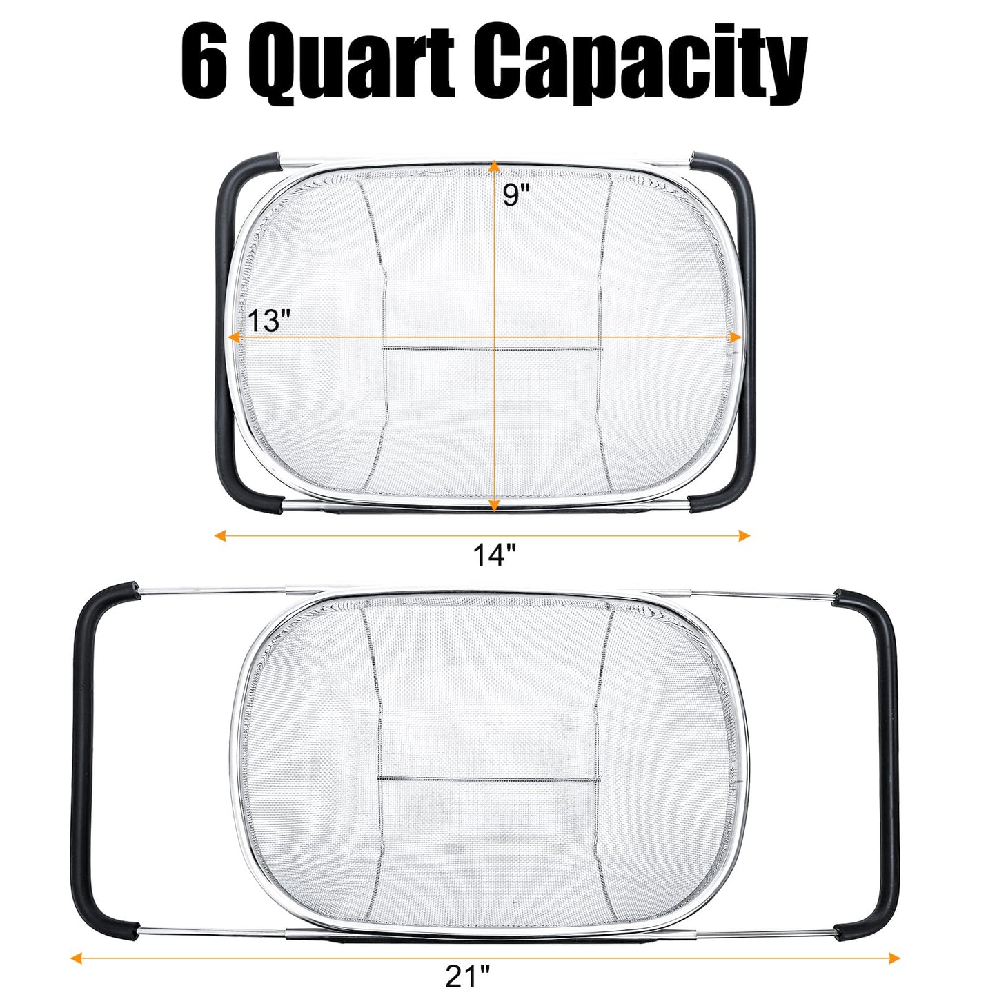 Suwimut 2 Pack Over the Sink Oval Colander for Kitchen, Stainless Steel Fine Mesh 6 Quart Strainer Basket with Expandable Rubber Grip Handles for Straining, Draining, Rinsing Fruits, Vegetables