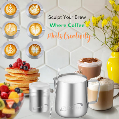 BellaVitas Milk Frothing Pitcher Set 20oz/600ml, 304 Stainless Steel Milk Frother Cup with Cocoa Shaker, Latte Art Pen, Stencils, Espresso Machine Accessories & Coffee Barista Tools Latte Pitcher Gift