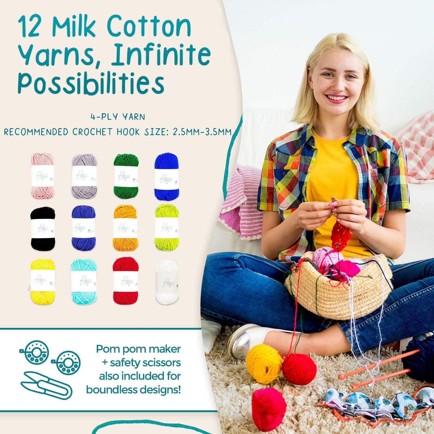 Hikiyose Crochet Kit for Beginners Adults - Crochet Accessories with 12 Soft Crochet Yarn Set, 9 Hooks, Storage Bag, Blue Whale Video Tutorial - Easy Crochet Kit for Beginners Kids, Hobbies for Women