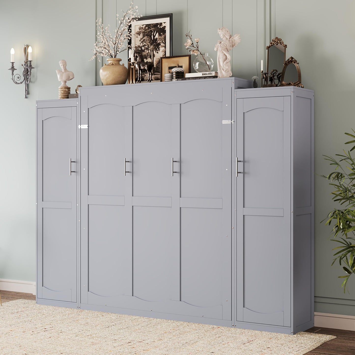 Ball & Cast Full Size Murphy Bed,Wood Foldable Wall Bed with 2 Sides Wardrobe and Storage Shelf, Hidden Cabinet Bed Frame for Bedroom,Guest Room,Space Saving,No Box Spring Needed,Gray