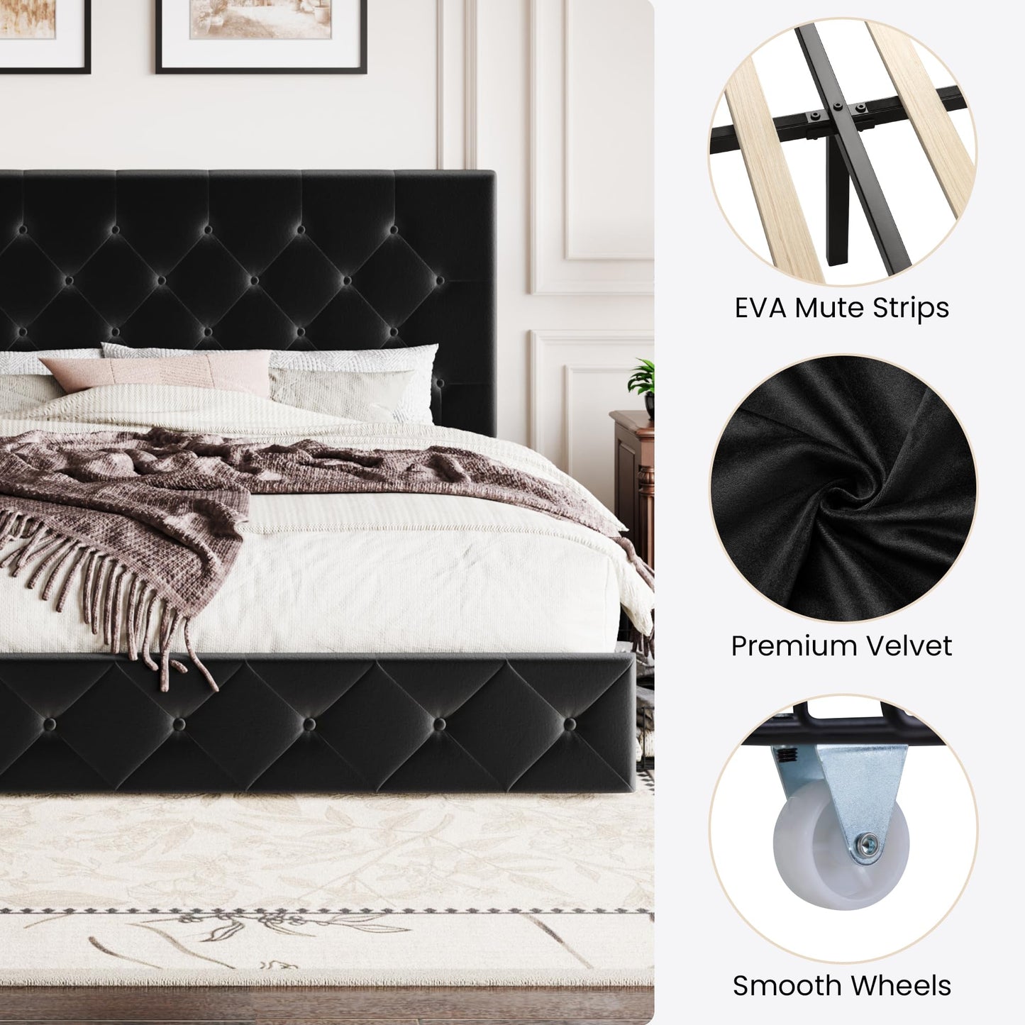 SHA CERLIN King Size Platform Bed Frame with 4 Oversized Storage Drawers, Adjustable Headboard with Velvet Upholstery, Diamond Button Tufted Design, Wooden Slat Support, No Box Spring Needed, Black