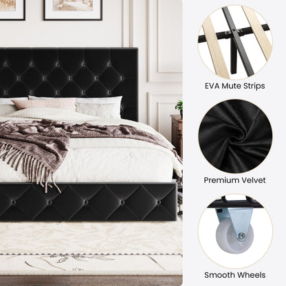SHA CERLIN King Size Platform Bed Frame with 4 Oversized Storage Drawers, Adjustable Headboard with Velvet Upholstery, Diamond Button Tufted Design, Wooden Slat Support, No Box Spring Needed, Black