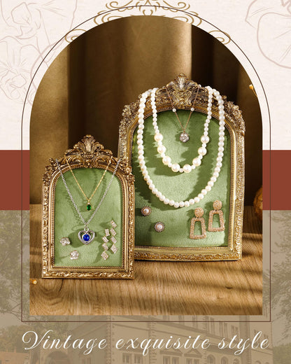 Wonderjune 2 Pcs Gold Jewelry Display Stand Vintage Necklace Organizer Ring Holder Earring Tray Resin Jewelry Photography Props Frame with Velvet Backing for Gifts(Green,Large,Small,Elegant)