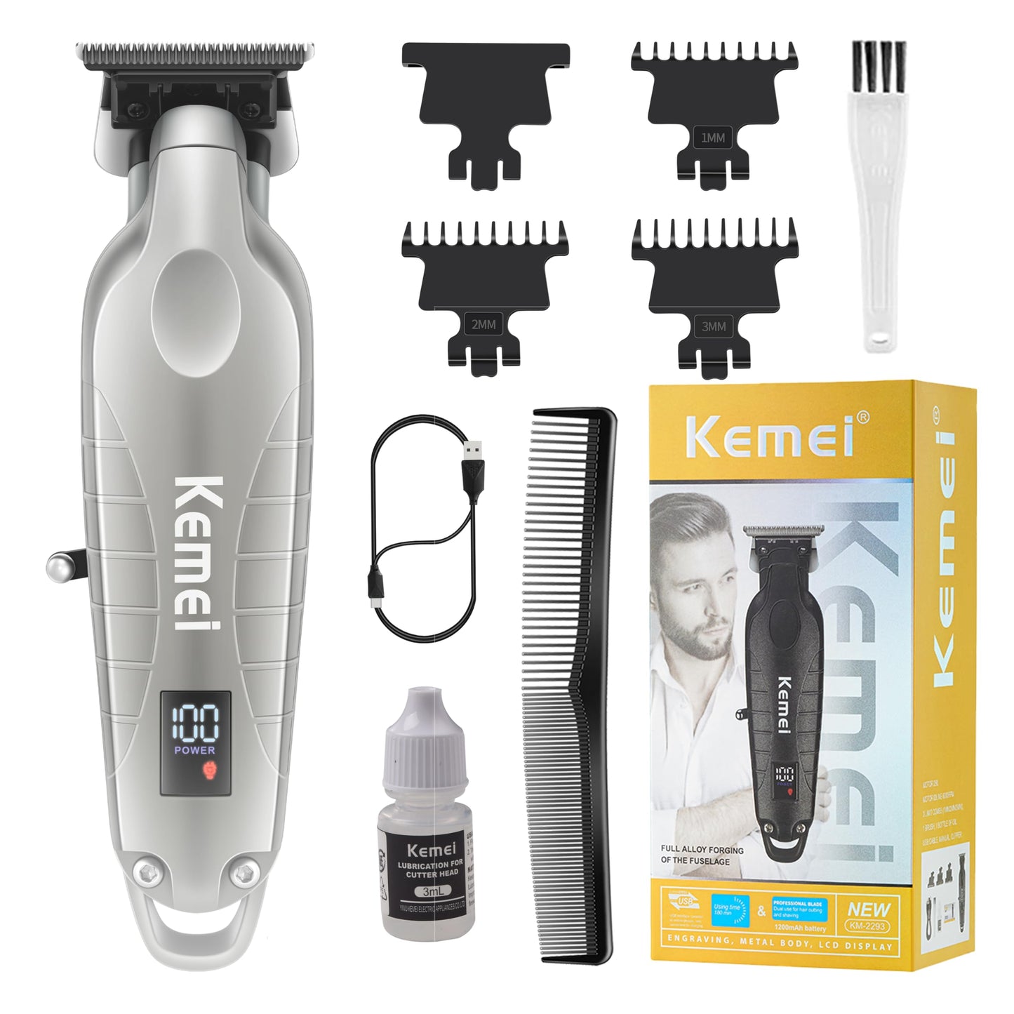 KEMEI 2293 Professional Hair/Beard Trimmer for Men Zero Gapped Hair Clippers for Barber with T Blade, Cordless Rechargeable