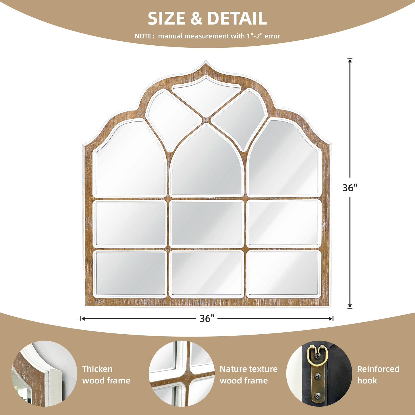 XGGJWW 36x36 Inch Window Pane Wall Mirror, Farmhouse Gothic Arched Mirror, Rustic Decorative Cathedral Mirror for Living Room Entryway Home Decor