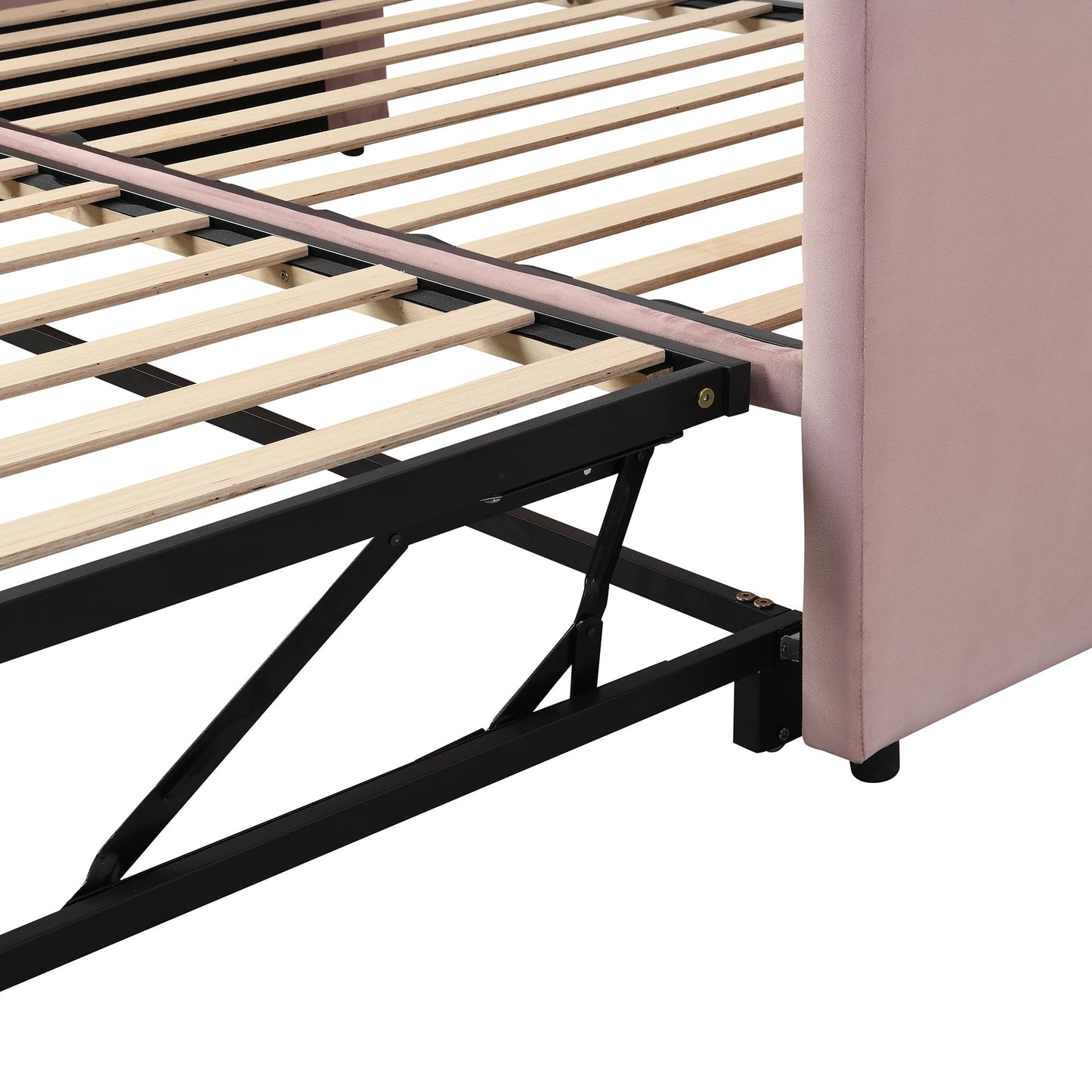 Brisca Twin Velvet Upholstered Daybed with Pop Up Trundle,Extendable Wooden Bed Frame,W/Backrest and Armrests, King-Size,for Living Room Apartment,Pink