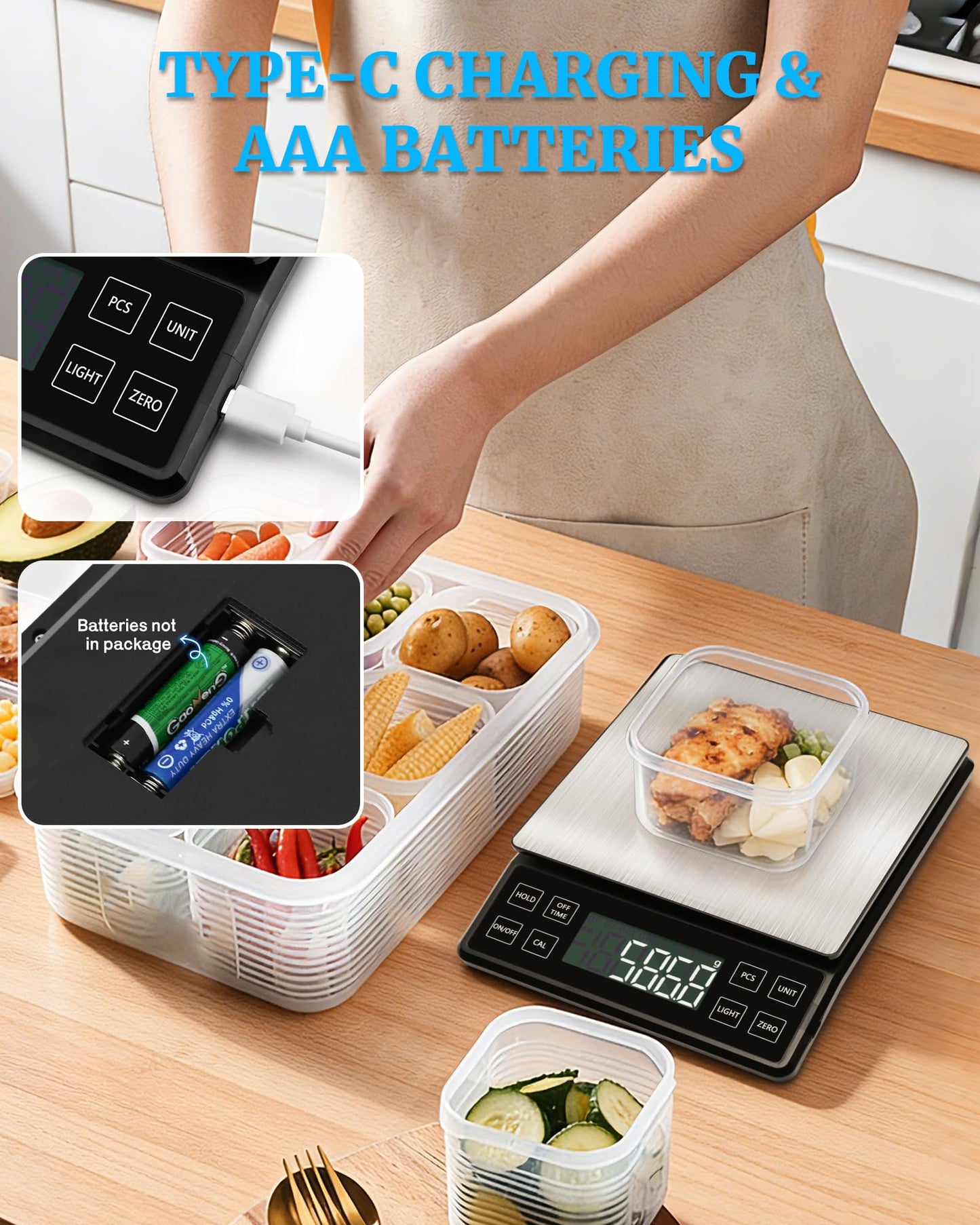 NEXT-SHINE Food Kitchen Scale 11lb, 0.1g/0.01oz Precise Graduation Rechargeable Digital Scale with Nine Units Large Tray Stainless Steel Platform LCD Display for Meal Prep Cooking Baking