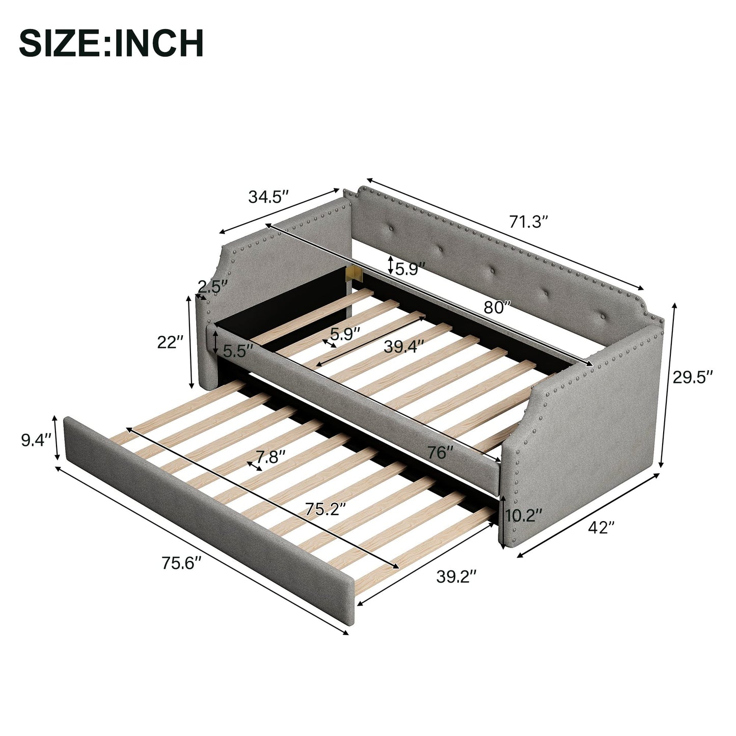 Merax Upholstered Daybed with Trundle, Wood Slat Support,Upholstered Frame Sofa Bed, Twin, Gray