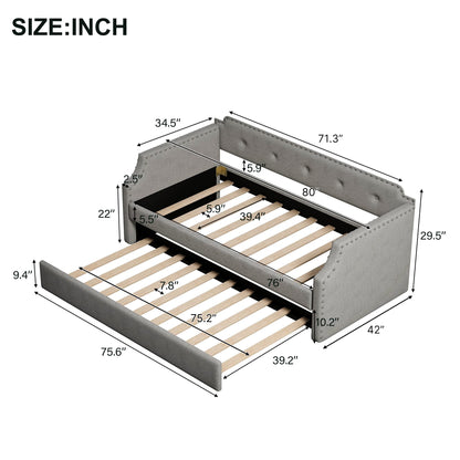 Twin Size Daybed with Trundle, Upholstered daybed with Button Tufted and Nailtrim on Arms, Sofa Bed Frame with Wood Slat Support, No Box Spring, for Living Room, Bedroom, Guest Room, Gray.