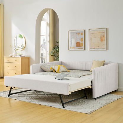 Ball & Cast Full Size Daybed with Pop up Trundle,Linen Upholstered Day Bed Frame with Channel Tufted Backrest & Armrest,Extendable Trundle Bed,Full to King Design,Easy Assembly,Black
