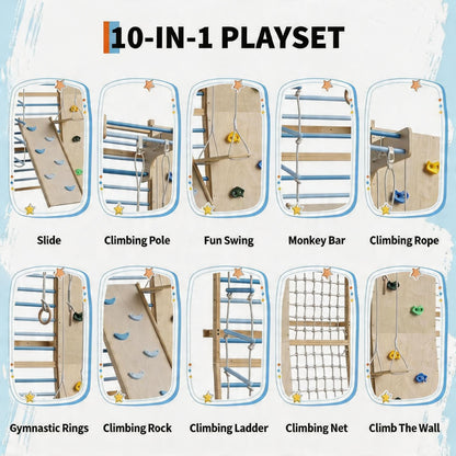 ActiveTrail Multi-Functional Swedish Ladder Wall Gym, 94.5'' Wooden Wall-Mounted Climbing Set with Slide, Swing, Rope, Rings, Monkey Bars, Indoor Playset for Kids and Adults