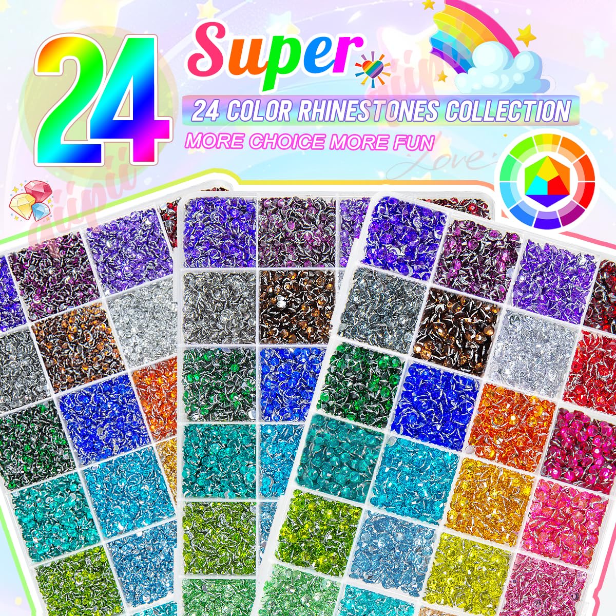 qiipii 3 Boxes 24 Color 3mm 4mm 5mm Crystal Resin Rhinestones for Bedazzling Crafting Flatback Colorful Stones Gems Diamonds Charms for Nails Face Makeup Tumblers Bottles Crafts Clothes Shoes Phones
