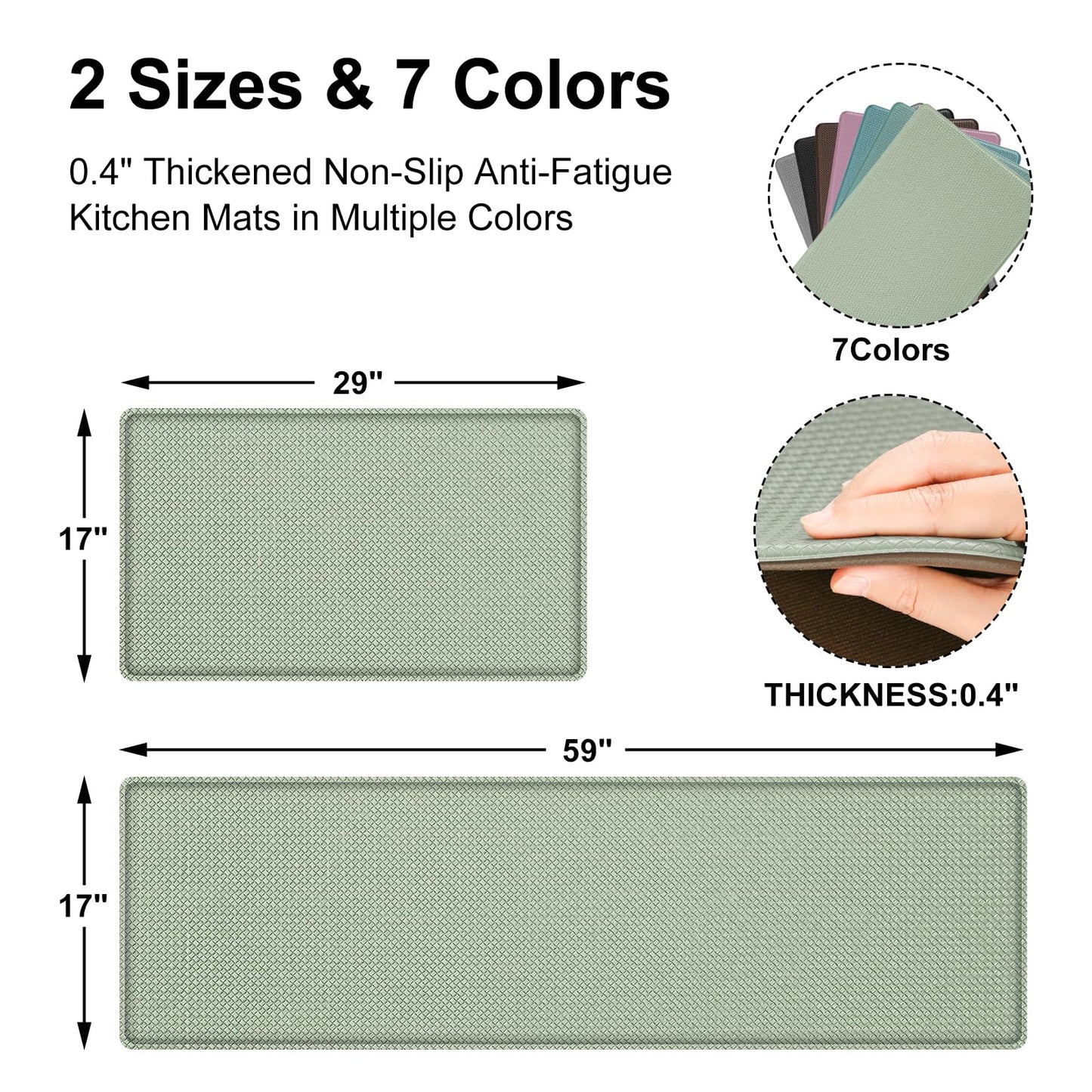 AUTODECO Kitchen Mats and Rugs Set of 2 - Cushioned Anti-Fatigue Kitchen Rug for Floor Washable 17"x29" +17"x59", Light Green