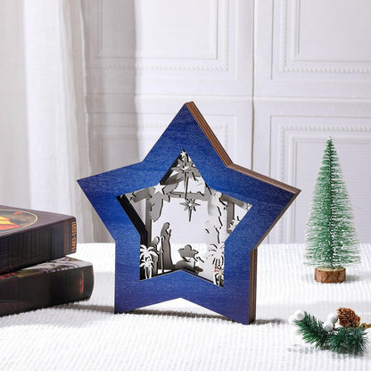 Skiennix Wooden Nativity Scene Set - Rustic Christmas Tabletop Decoration with LED Lights | Blue & White