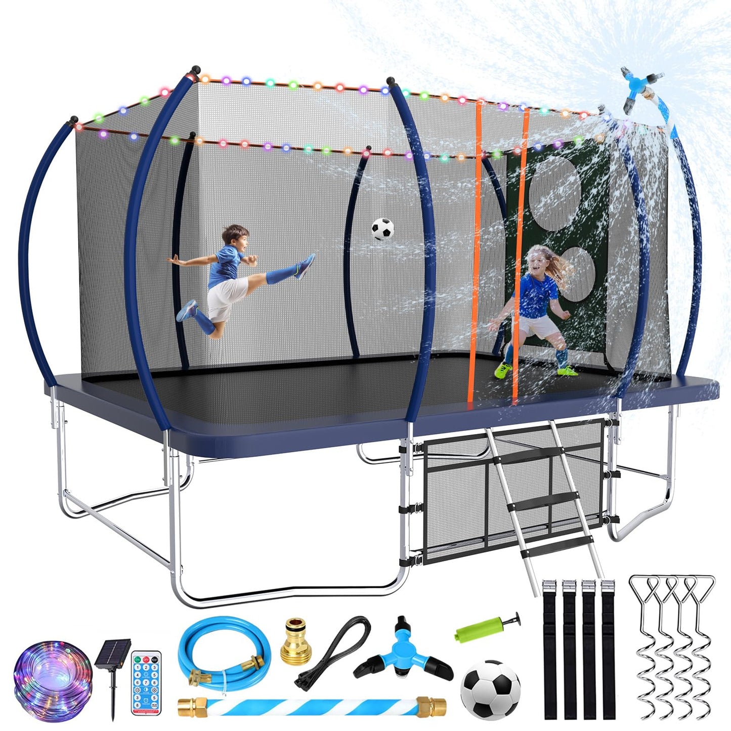 Lyromix 14FT Outdoor Rectangle Trampoline for Kids and Adults, Rectangular Trampoline with Curved Poles, Pumpkin Trampolin with Light, Sprinkler, Soccer and Storage Bag