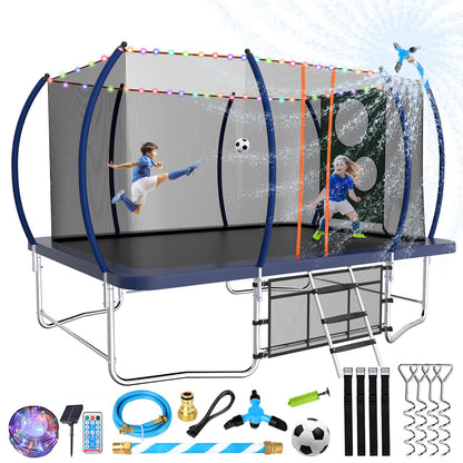 Lyromix 14FT Outdoor Rectangle Trampoline for Kids and Adults, Rectangular Trampoline with Curved Poles, Pumpkin Trampolin with Light, Sprinkler, Soccer and Storage Bag
