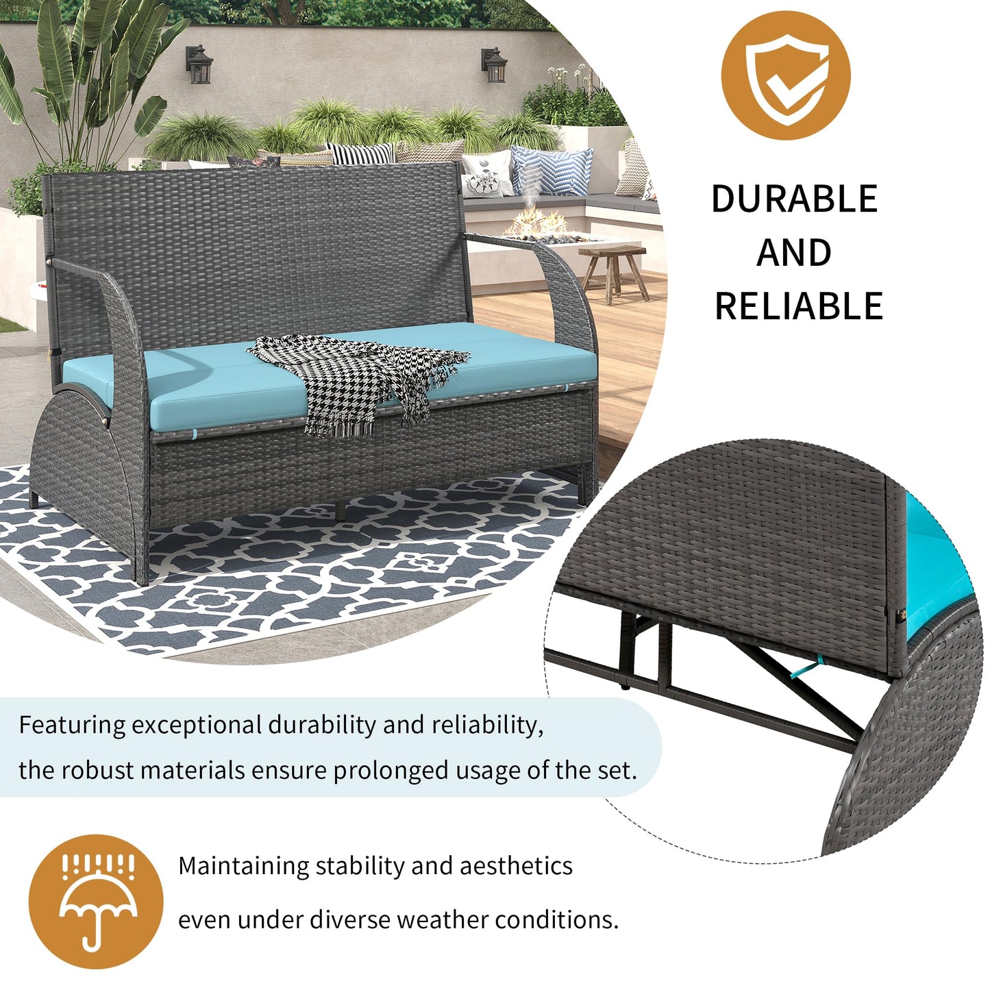 Llsmnba 2-in-1 Outdoor Convertible Bench to Picnic Table, Loveseat Sofa Set with Cushions, Patio Dining Furniture Set, Blue Cushion