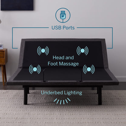 Lucid L600 Adjustable Bed Base Frame - Queen Size - Zero Gravity - Bluetooth - Companion App - Head and Foot Incline - Interactive Dual Massage - Under Bed Lighting - Wireless Remote - Dual USB Ports