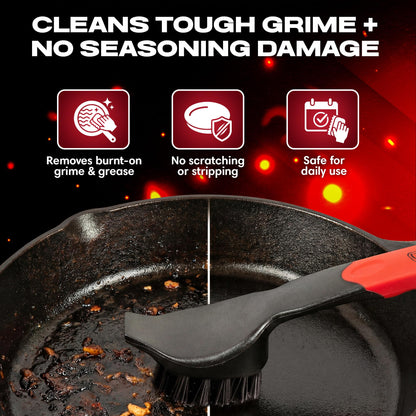 Cast Iron Scrub Brush with Heavy Duty Scraper - Nylon Bristles Dish Scrubber for Pans, Skillets and Woks – Kitchen Cleaner Removes Grime, Grease, Food Build Up - 90058 by Chef Master