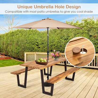 HOMGX Picnic Table, 6 Ft Dining Table with 2 Umbrella Hole, Table Bench Set with Heavy-Duty Metal Frame, Acacia Wood Picnic Table for Outdoor, 6-8 Person, Patio, Lawn, Party, Garden, Natural & Black