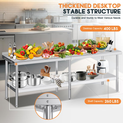 Jocisland 30" x 96" Stainless Steel Table for Prep & Work, Food-Grade Stainless Steel with Backsplash, Adjustable Under Shelf & Safe Design for Restaurant, Home and Outdoor