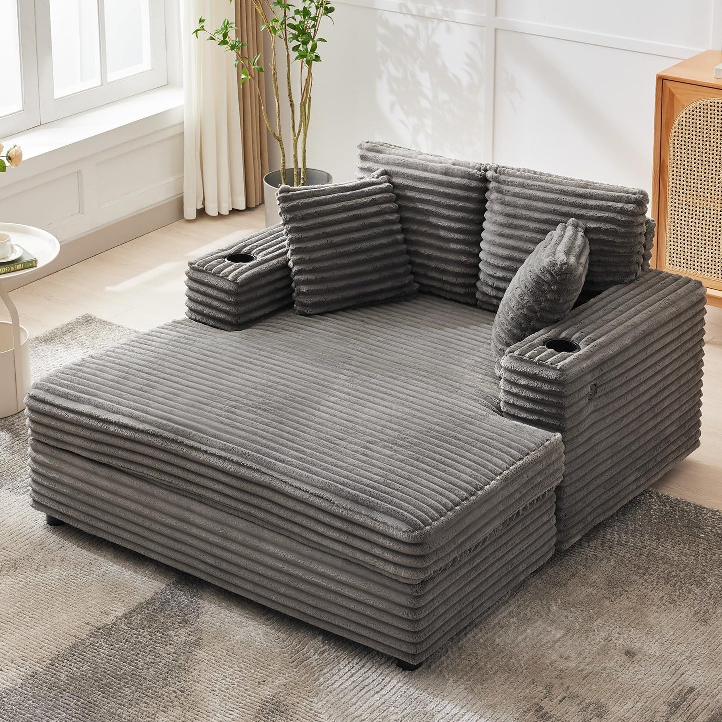 Garvee 60" Oversized Chaise Lounge Chair Indoor, Corduroy Upholstered Sleeper Sofa Bed w/Cup Holder & Charging Port, Cloud Couch Sofa Chair w/Throw Pillows & Wide Arms for Living Room, Bedroom, Gray